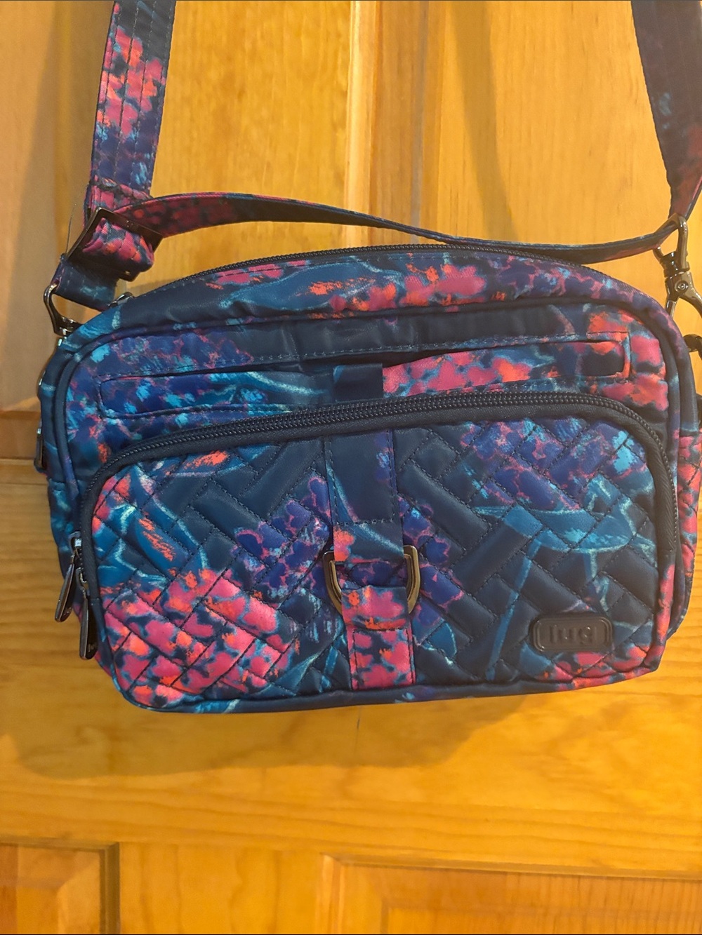 lug Quilted Crossbody Belt bag in Navy with Pink & Teal floral Accents